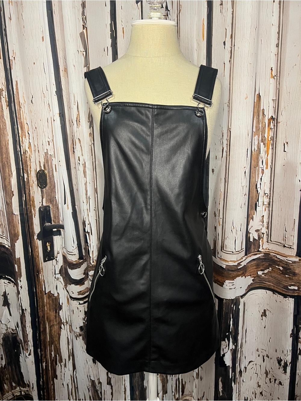 Forever 21 Black Faux Leather Pinafore with Buckle Straps
